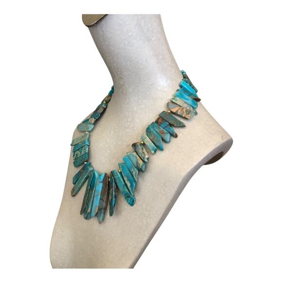 Handmade Natural Blue Ocean Stone Side Drilled Slab Beads Gold Beads Necklace - Picture 7 of 11